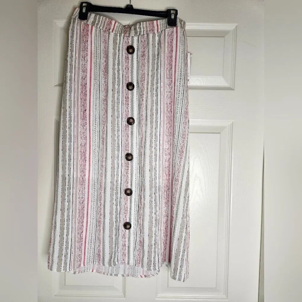 Apt.9 S Button White Striped Lined Midi Elastic Waist Women's Skirt - Picture 3 of 7